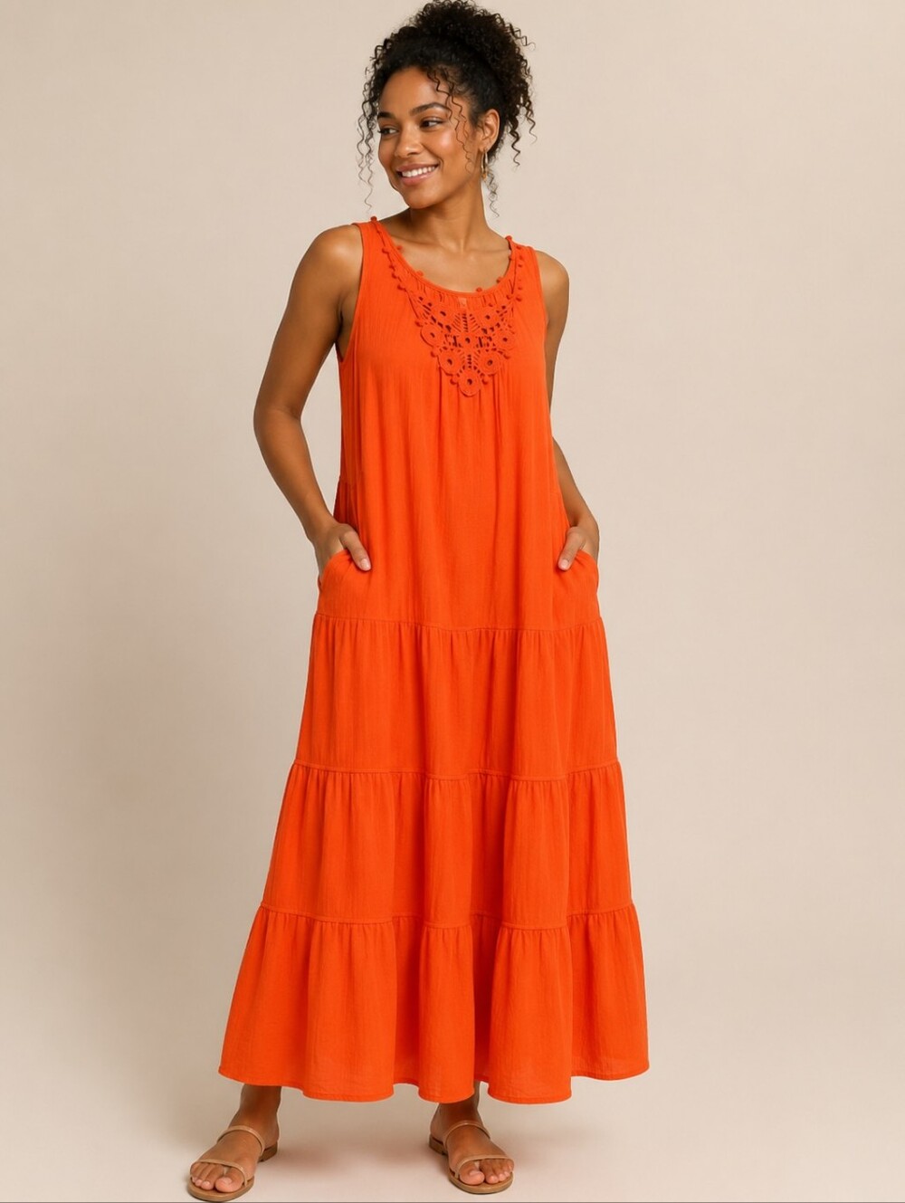 Max Studio Orange Crochet Yoke Tiered Maxi Dress
